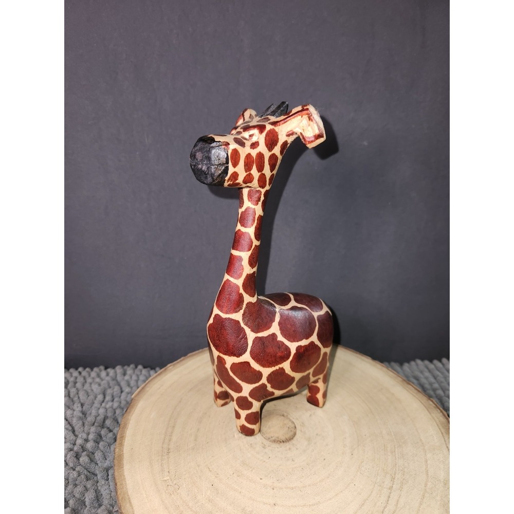 Hand Carved Wood Giraffe/Hand Painted African Decor Sculpture 8 inches Tall